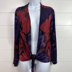 Chico's Travelers Ribbed Tie Front Cardigan Purple Red Floral sz 1 / Medium